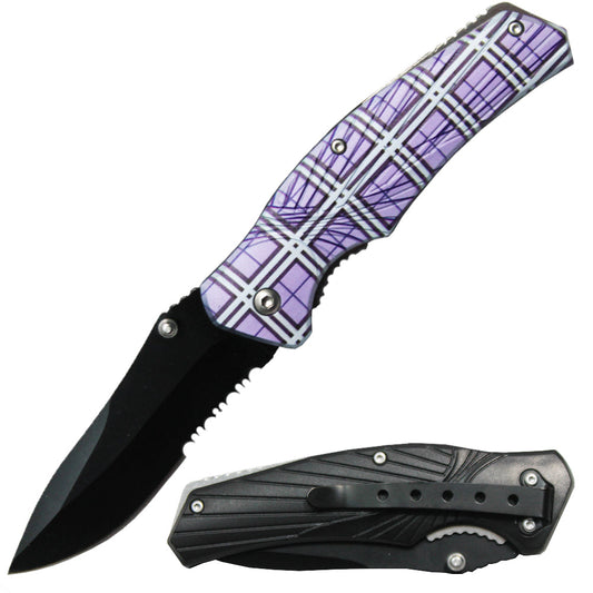 4.25" Purple Plaid Handle Thumb Stud Folding Knife with Belt Clip