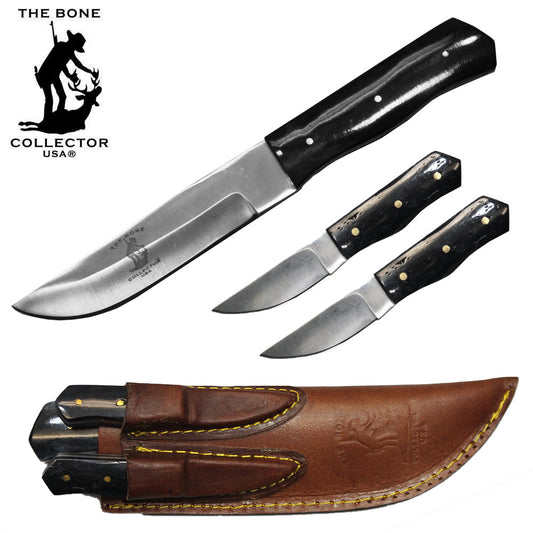 8" Bone Collector Black Cattle Cow Bone 3 PCS Hunting Knife with Leather Sheath