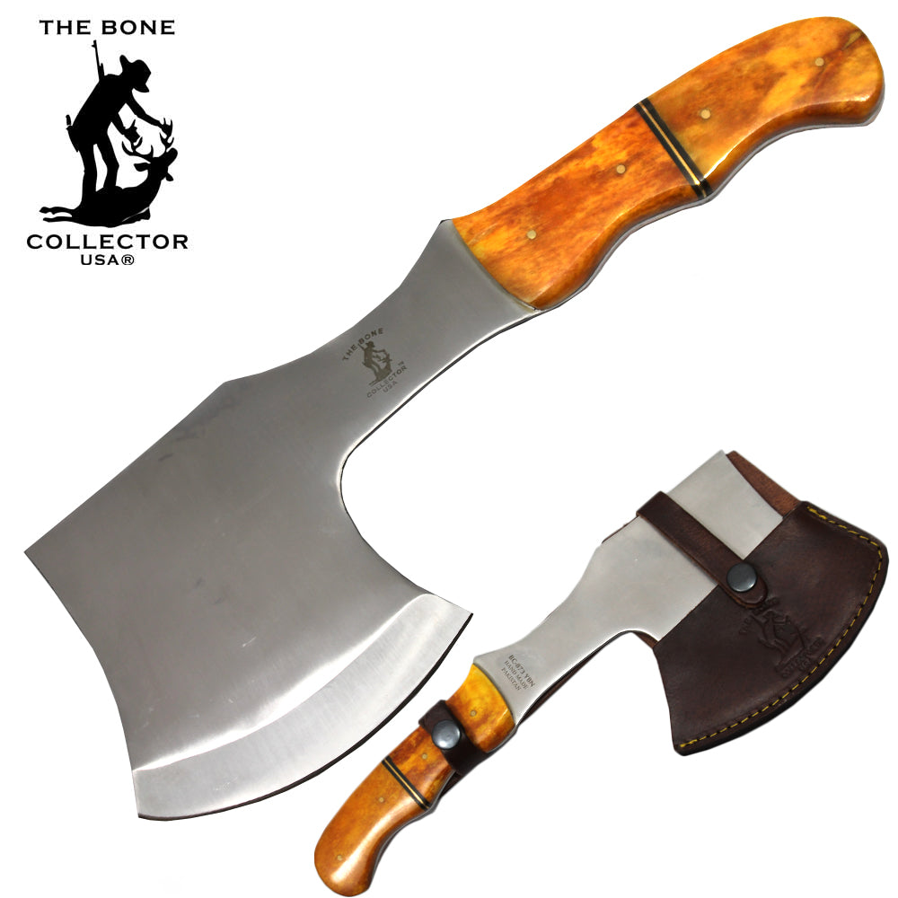 11.5" Bone Collector Yellow Cattle Cow Bone Handle Full Tang Axe with Leather Sheath