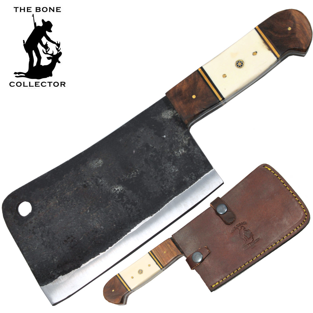 10.75" Bone Collector Hand Forged Cattle Cow Bone & Wood Handle Cleaver with Leather Sheath