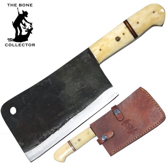 10.75" Bone Collector Hand Forged White Cattle Cow Bone Handle Cleaver with Leather Sheath