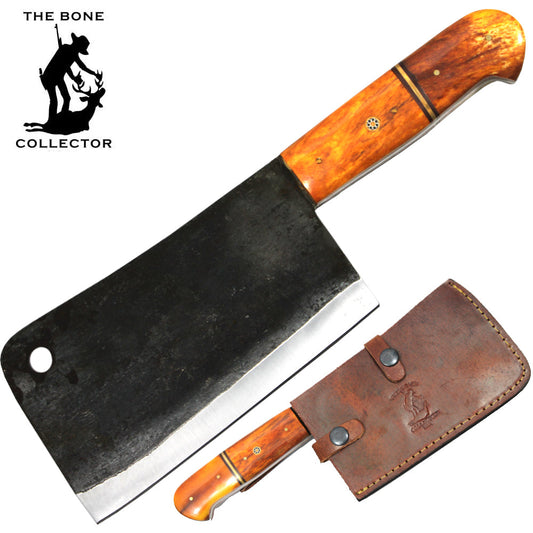 10.75" Bone Collector Hand Forged Yellow Cattle Cow Bone Handle Cleaver with Leather Sheath