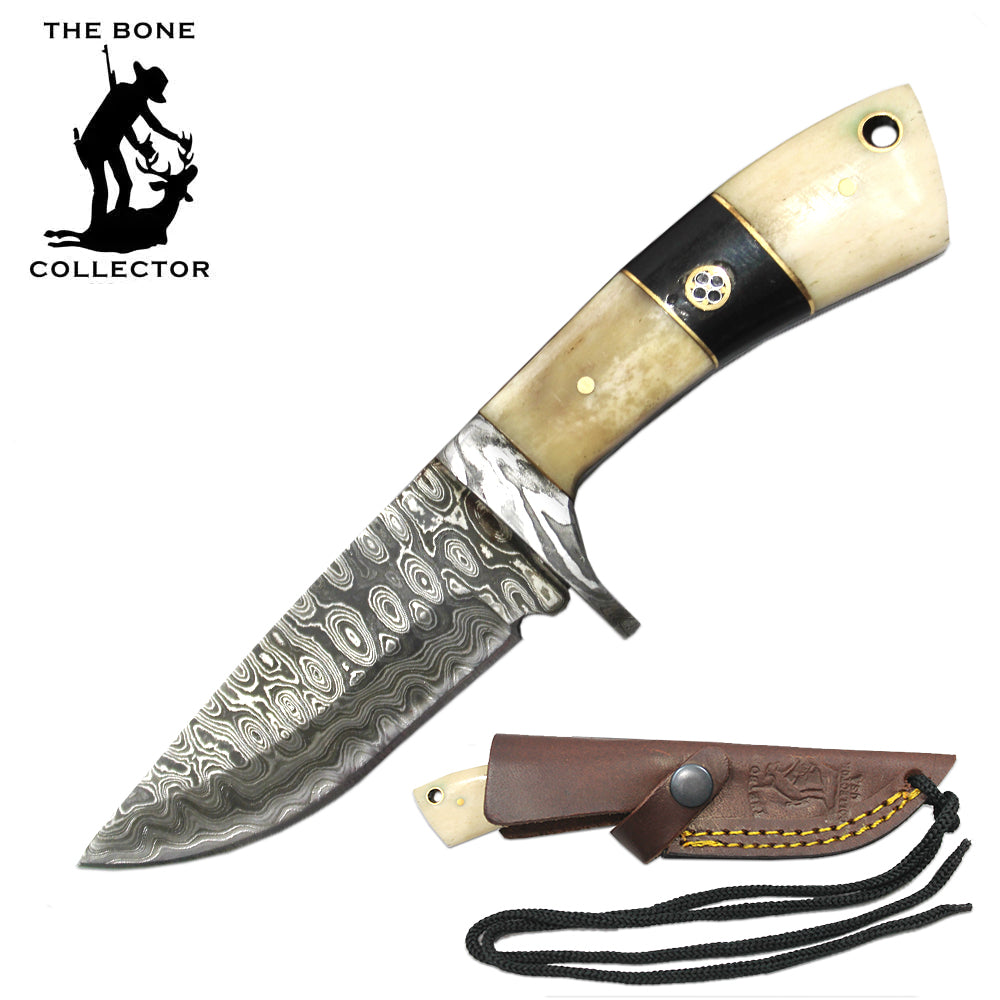 BC 881-DBN 3" Damascus Blade Bone Collector Bovine Handle Skinner Knife with Rope Leather Sheath & Lanyard