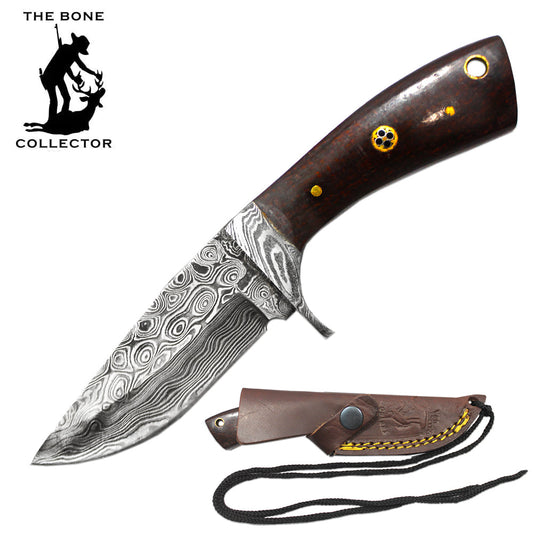 BC 881-DMH 6.5" Damascus Blade Bone Collector Brown Micarta Handle Skinner Knife with Rope Leather Sheath & Lanyard
