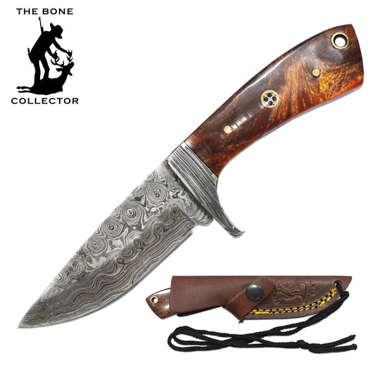 BC 881-DRH 6.5" Damascus Blade Bone Collector Brown Resin Handle Skinner Knife with Rope Leather Sheath & Lanyard
