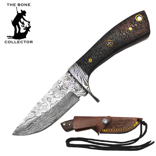 BC 881-DRW 6.5" Damascus Blade Bone Collector Etched Rosewood Handle Skinner Knife with Rope Leather Sheath & Lanyard