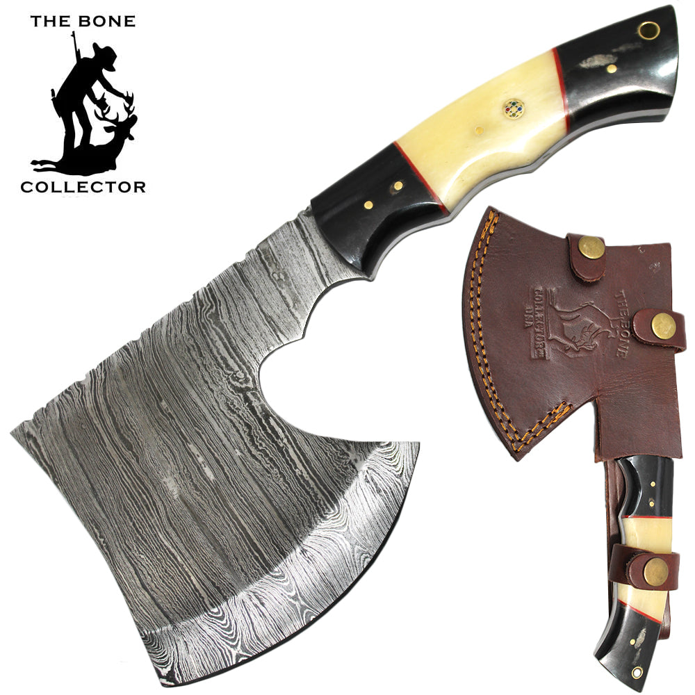 BC AXDB-34E 10" Damascus Blade Bone Collector Cattle Cow Bone Bone & Horn Handle Axe with Leather Sheath
