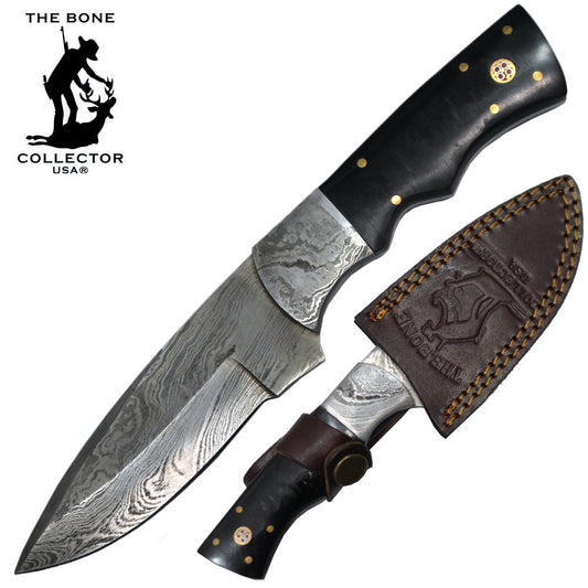 BC HKDB-19HR 8" Damascus Blade Bone Collector Cattle Cow Bone Horn Handle Hunting Knife with Leather Sheath