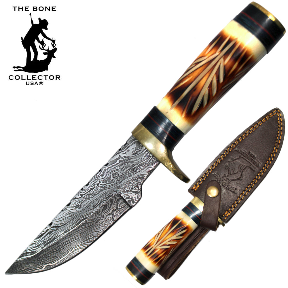 BC HKDB-20 10" Damascus Blade Bone Collector Burn Cattle Cow Bone Handle Hunting Knife with Leather Sheath