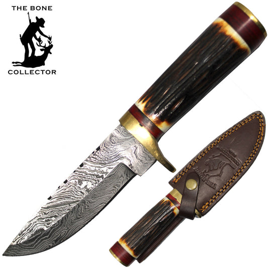BC HKDB-24 10" Damascus Blade Bone Collector Cattle Cow Bone Handle Hunting Knife with Leather Sheath