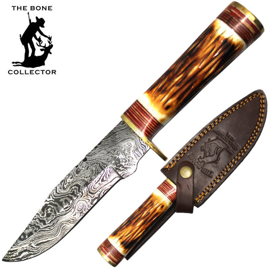 BC HKDB-27 10' Damascus Blade Collector Cattle Cow Bone Handle Hunting Knife with Leather Sheath