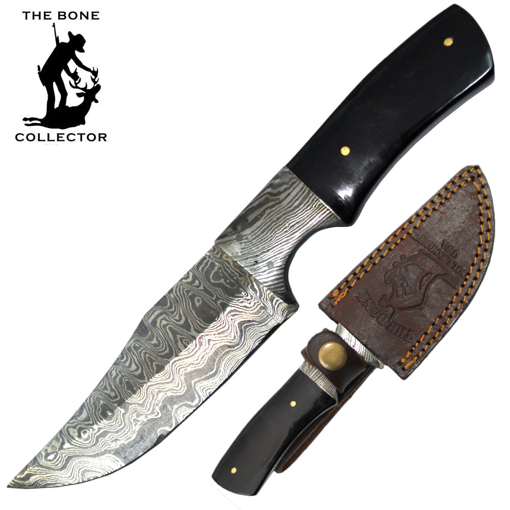 8" Damascus Blade Bone Collector Cattle Cow Bone Horn Handle Hunting Knife with Leather Sheath