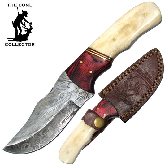 BC HKDB-30 8" Damascus Blade Bone Collector Bone & Wood Handle Hunting Knife with Leather Sheath