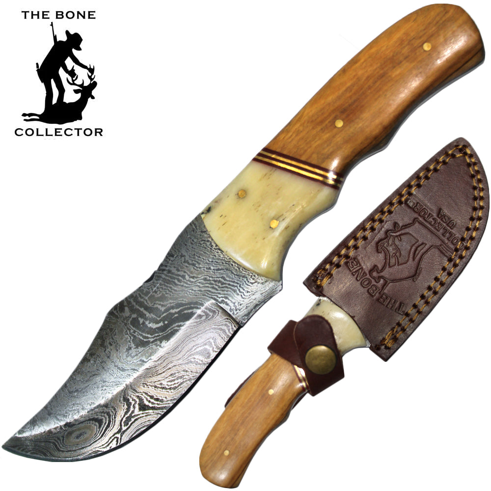 BC HKDB-32 Cuchillo de caza con mango de hueso de vaca y madera para coleccionista de huesos, hoja de Damasco de 8 "con funda de cuero
