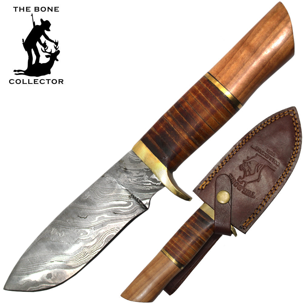 BC HKDB-33 Cuchillo de caza con mango de madera y cuero para coleccionista de huesos con hoja de Damasco de 10 "con funda de cuero