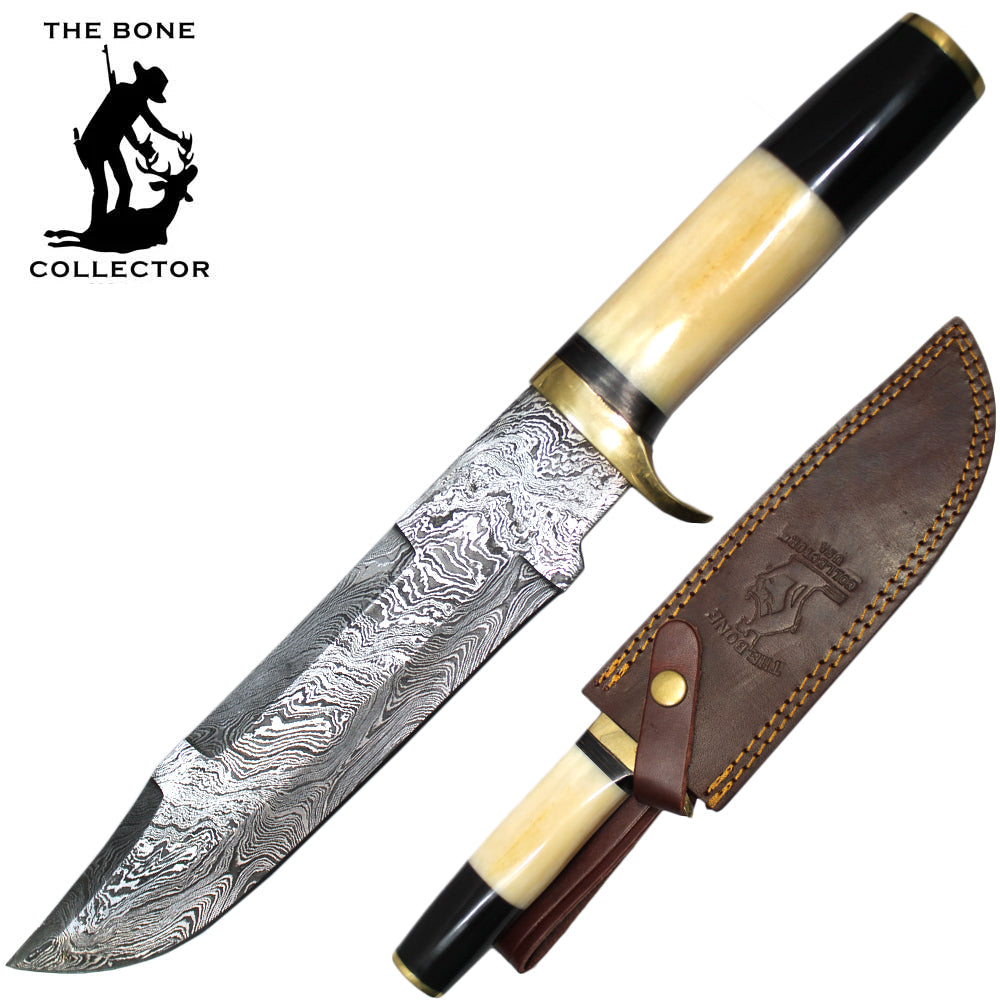 Cuchillo de caza con mango de hueso y cuerno de vaca, coleccionista de huesos, hoja de Damasco de 13" con funda de cuero