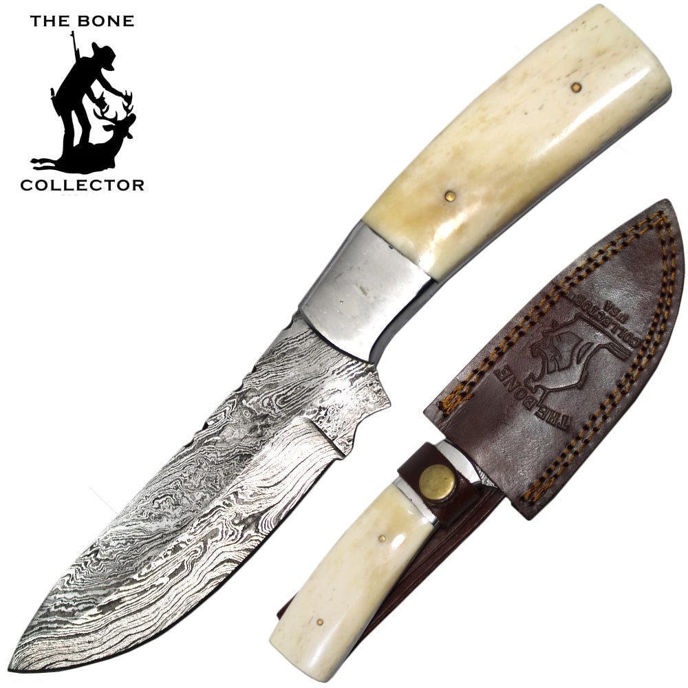 Cuchillo de caza con mango de hueso de vaca, recolector de huesos, hoja de Damasco de 9 "con funda de cuero