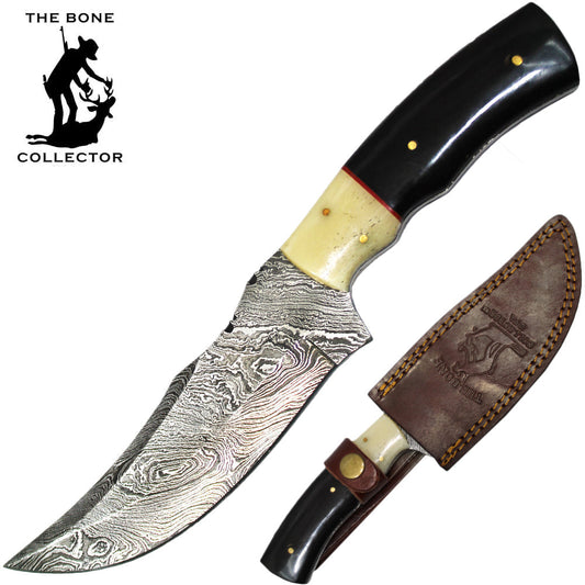 Cuchillo de caza de hueso y cuerno de vaca de ganado coleccionista de huesos de hoja de Damasco de 10" con funda de cuero