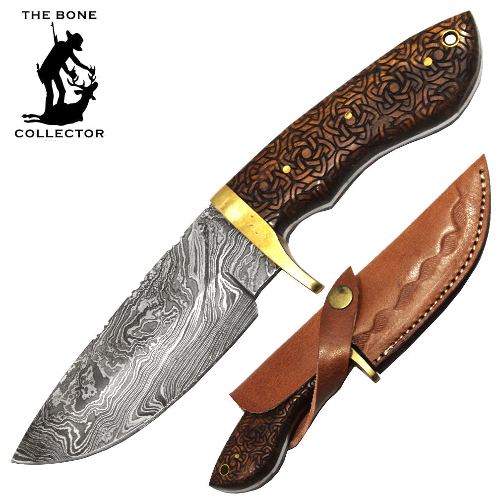 BC HKDB-55 8" Bone Collector Carved Wood Handle Damascus Blade Hunting Knife with Leather Sheath