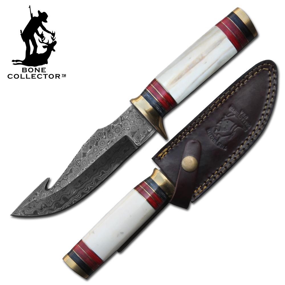9.5" Bone Handle Cattle Cow Bone Hunting Knife with Gut Hook and Damascus Blade