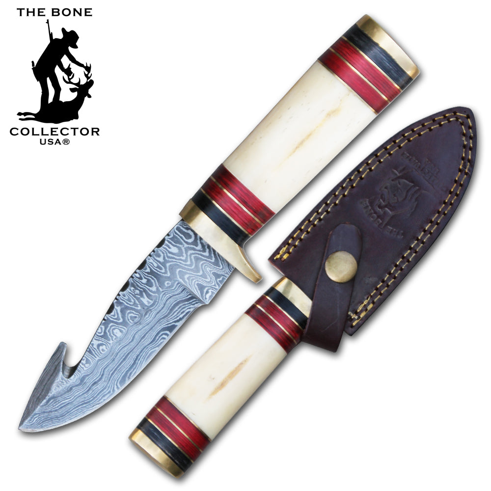 8" Damascus Blade Hunting Knife with Gut Hook and Leather Sheath The Bone Collector Knives - Bladevip