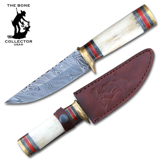 BC 825-DB 9.5" Damascus Blade Cattle Cow Bone Collector Hunting Knife and Leather Sheath