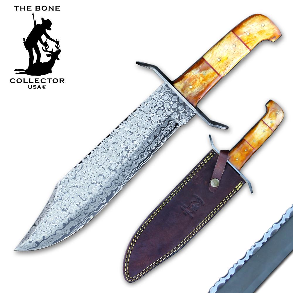 BC 858-YBNDB 15" Bone Collector Damascus Bowie Knife Yellow Cattle Cow Bone Handle with Leather Sheath - Bladevip