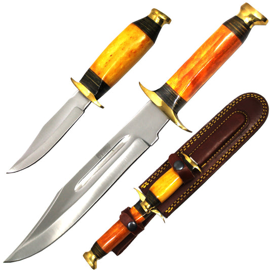 13.5" & 8" Yellow Cattle Cow Bone Handle Hunting Knife Set with Leather Sheath