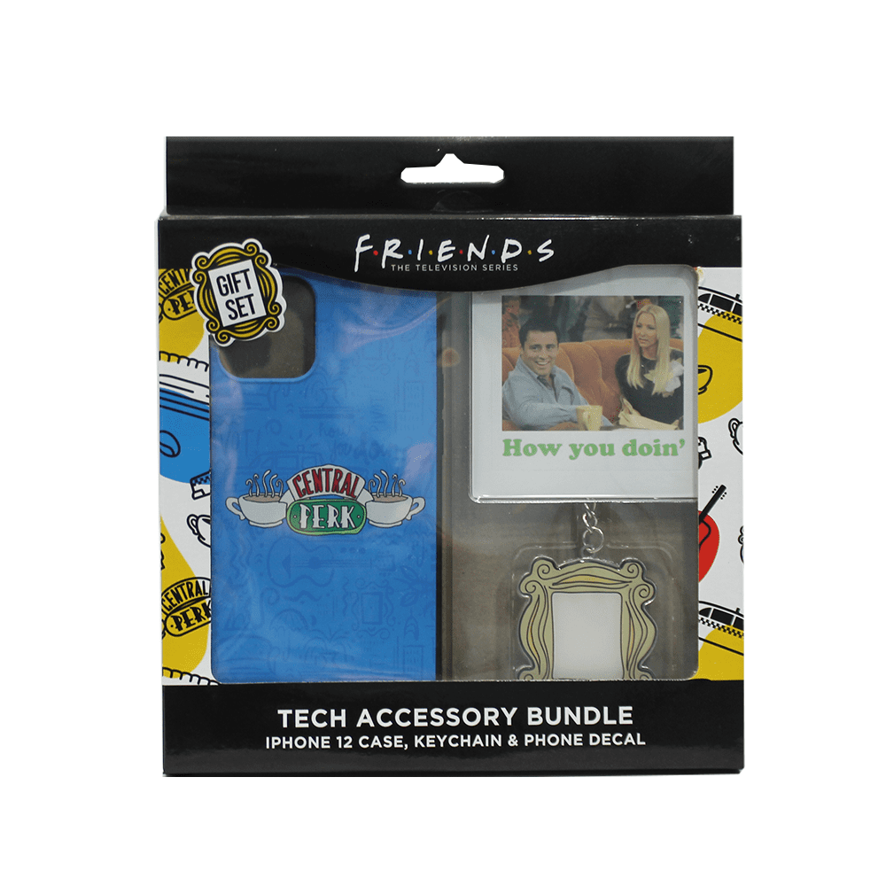 Paquete de accesorios Friends Tech con funda para iPhone 12, llavero y calcomanía para teléfono 