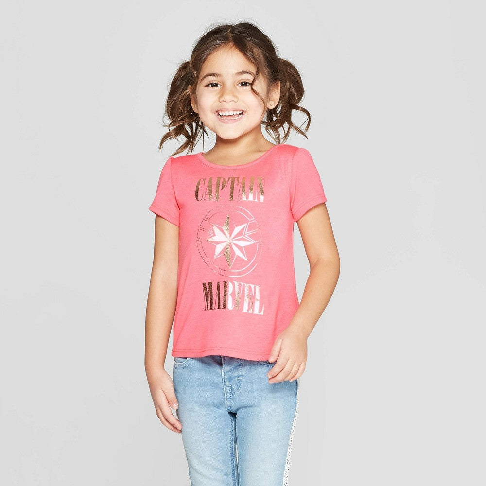 Girls Toddler Captain Marvel Short Sleeve Pink T-Shirt Tee