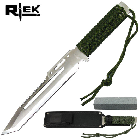 14" Rtek Sliver Blade Cord Wrapped Combat Knife with Sheath & Sharpening Stone