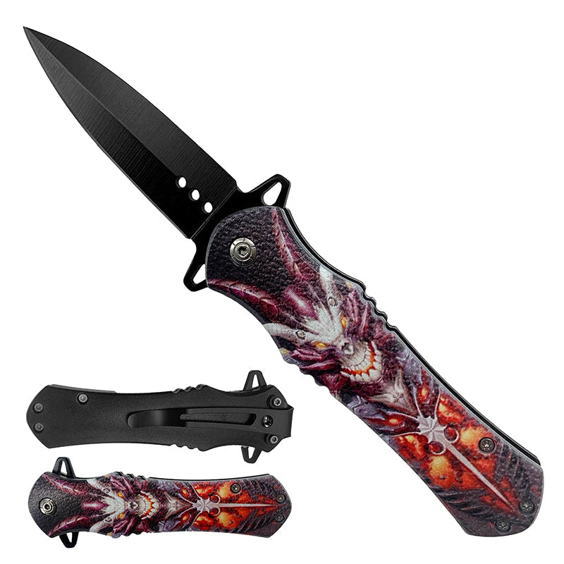 4.63" Dragon Print Handle Assist-Open Spear Point Blade Folding Knife with Pocket Clip