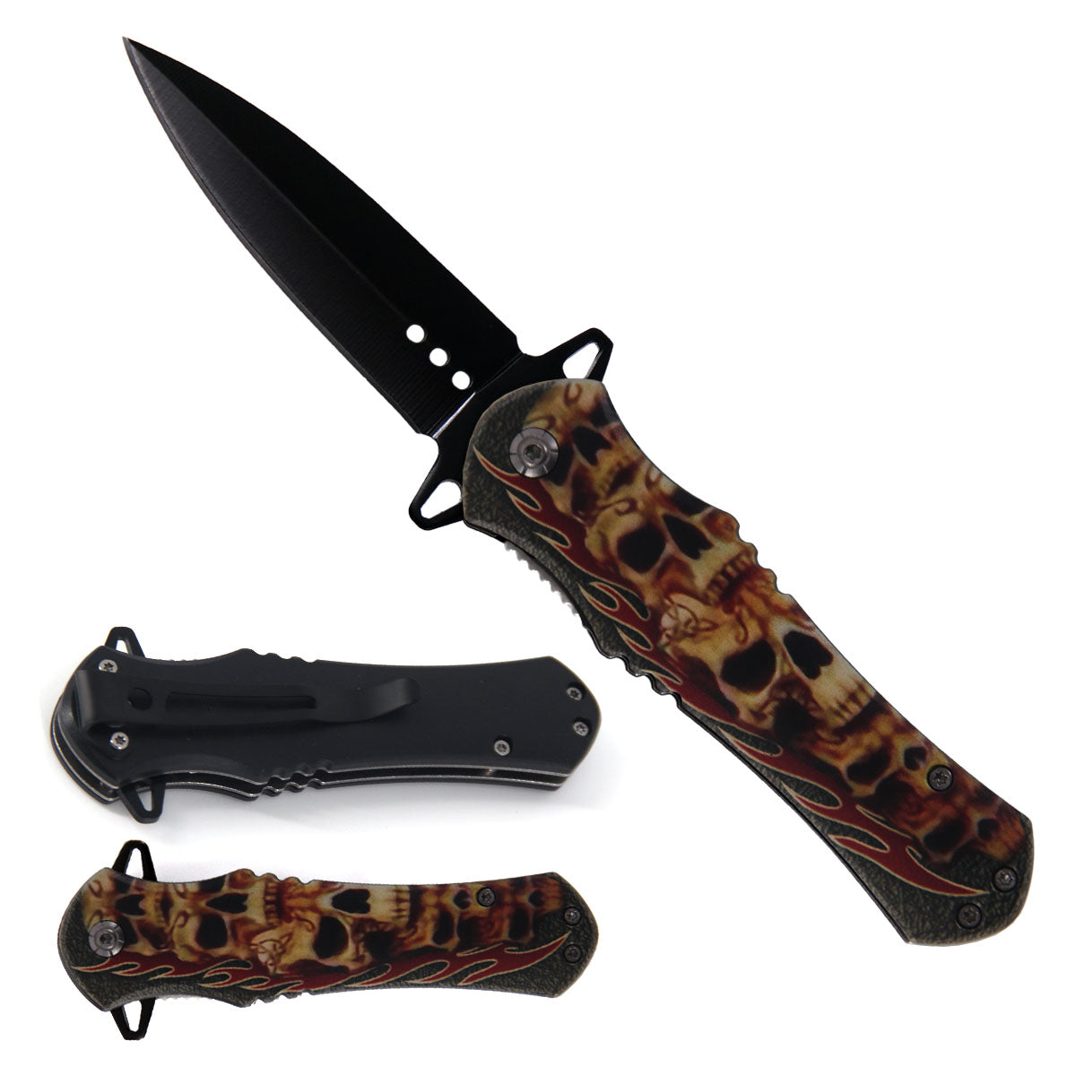 4.63" Flaming Skull Print Handle Assist-Open Spear Point Blade Folding Knife with Pocket Clip