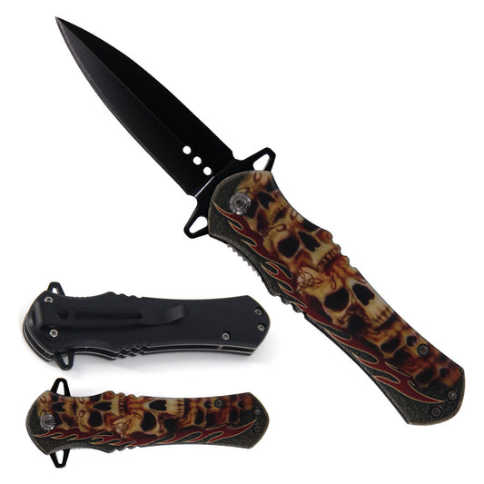 4.63" Flaming Skull Print Handle Assist-Open Spear Point Blade Folding Knife with Pocket Clip - Bladevip