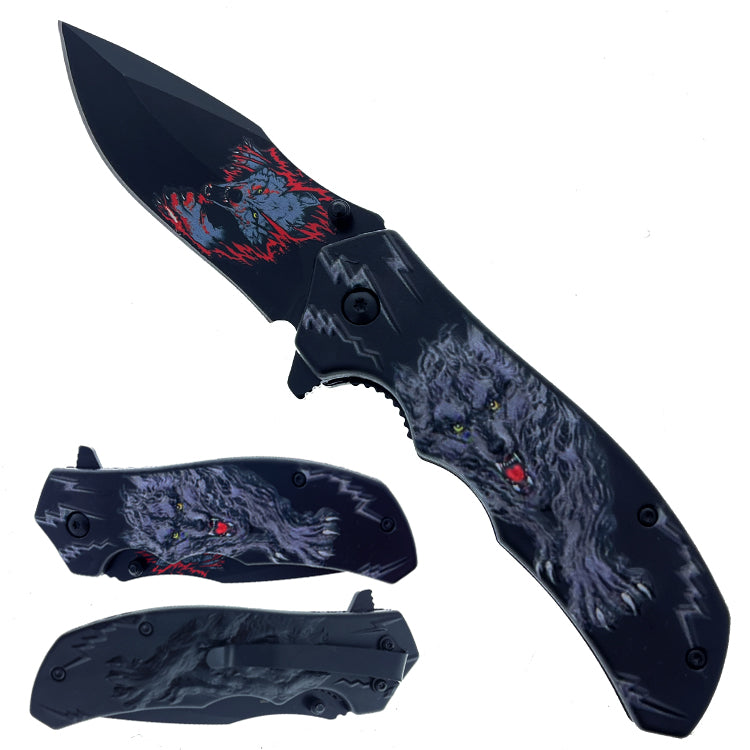 4.5" Black Wolf 3D Texture Handle Assist-Open Folding Knife - Bladevip