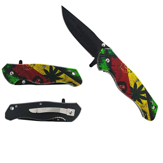 KS 30153-2 5" Rasta Marijuana Leaf Handle Assist-Open Folding Knife - Bladevip