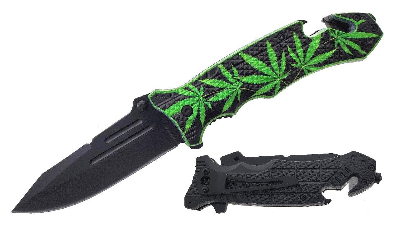 Cuchillo de rescate táctico plegable con hoja de marihuana de 5"