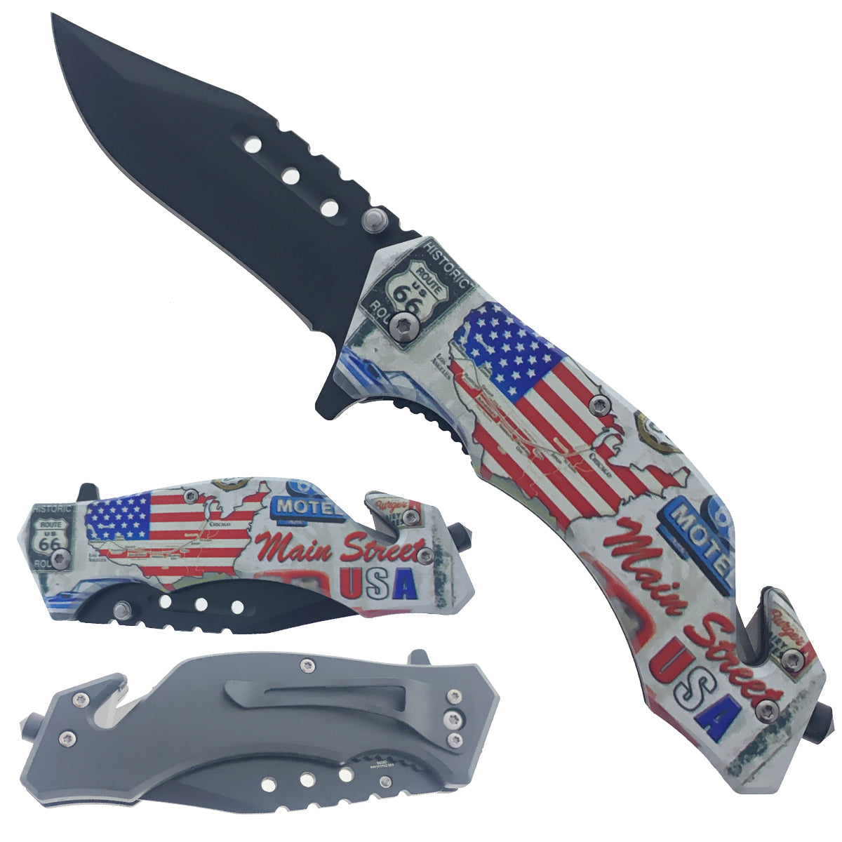 4.5" Spring Assisted American Heritage Rescue Folding Pocket Knife - Historic Route 66
