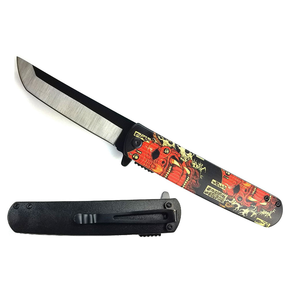 Mango de ABS con diseño de cuchillo asistido Tanto de 4,75 "con diseño de demonio Oni japonés rojo