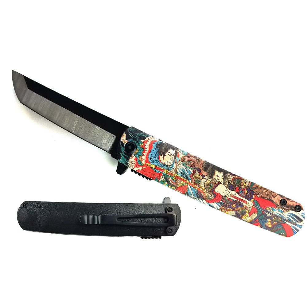 Cuchillo asistido por resorte de 4,75" con diseño tradicional de impresión 3D de samurai japonés multicolor