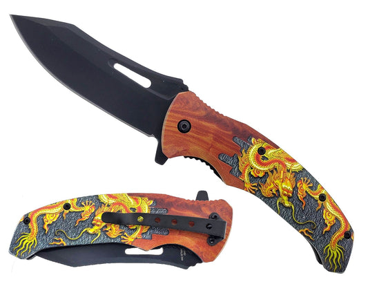 4.5" Black Blade Dragon Handle Assist Open Folding Knife - Bladevip