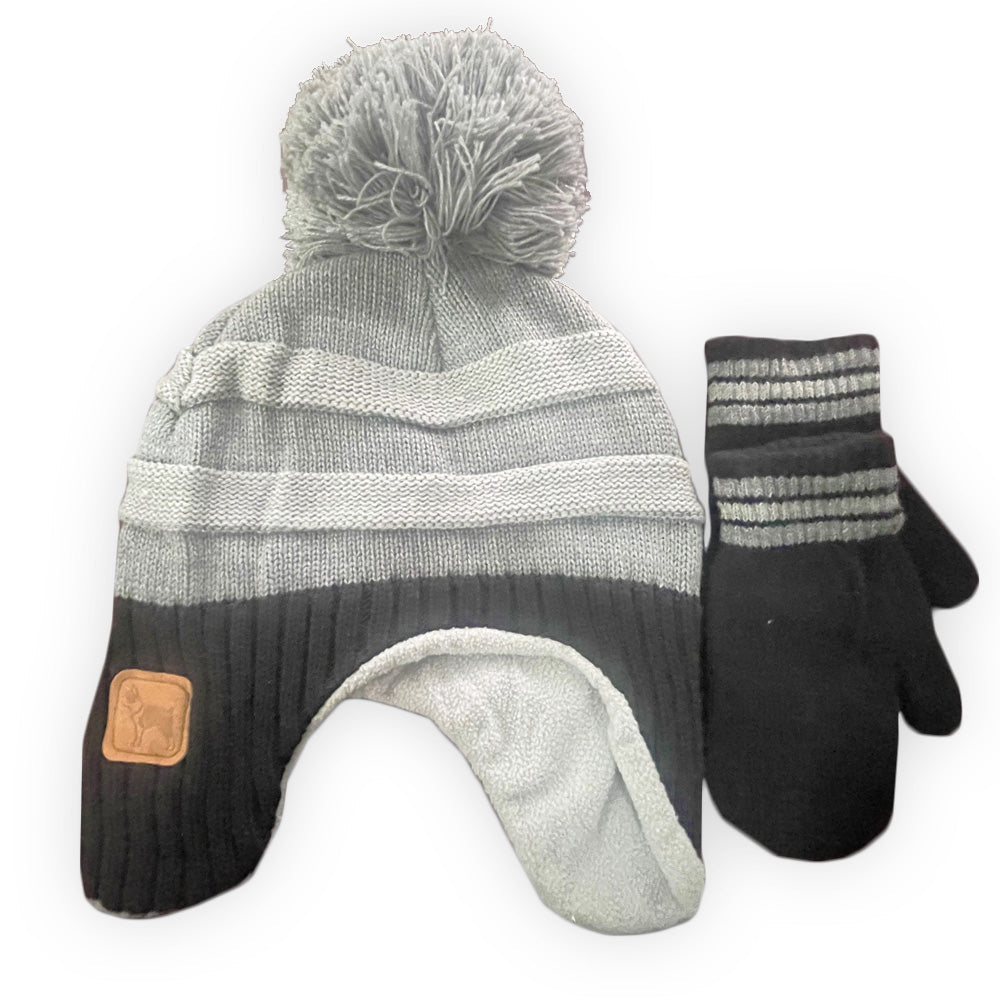 Little Me Grey & Black Lined Pull-on Hat And Mittens Set Size 2T-4T
