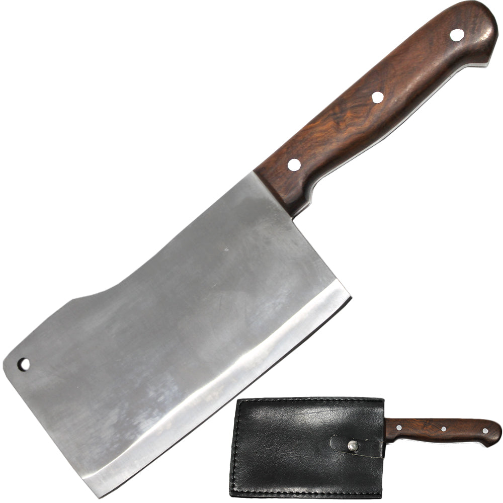 Cuchillo de carnicero de espiga completa con mango de madera de 11" y funda de PU