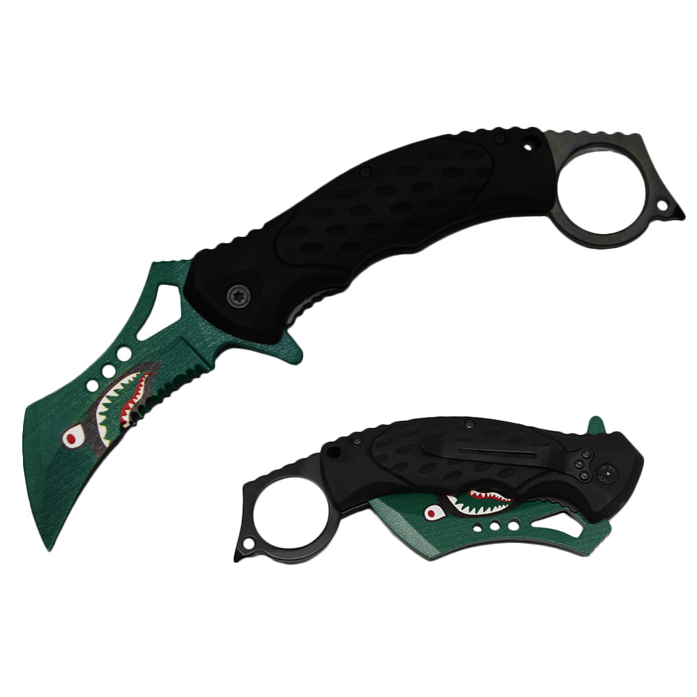 5" Green Spring Assisted Folding Karambit Knife Shark Head Print Spring Assisted Tactical Knives - Bladevip