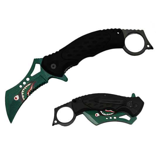 5" Green Spring Assisted Folding Karambit Knife Shark Head Print - Bladevip