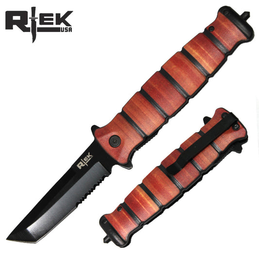 5" Rtek Tanto Point Assist-Open Wood Handle Tactical Folding Knife with Glass Breaker - Bladevip