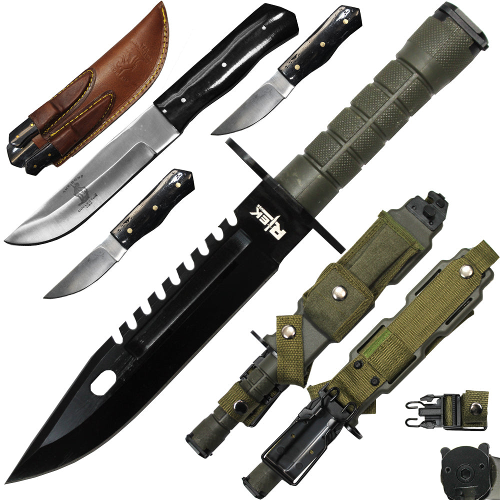 Rtek Juego de cuchillos de caza, con funda de plástico endurecido M-9, cuchillo de sierra estilo militar, cuchillos para desollar y funda de viaje para caza, aderezo de campo, desollamiento, camping y al aire libre