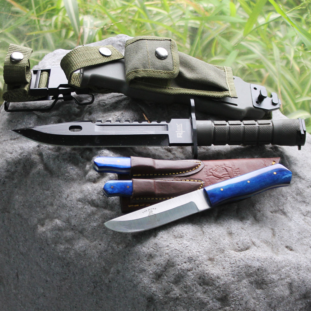 Rtek Juego de cuchillos de caza, con funda de plástico endurecido M-9, cuchillo de sierra estilo militar, cuchillos para desollar y funda de viaje para caza, aderezo de campo, desollamiento, camping y al aire libre