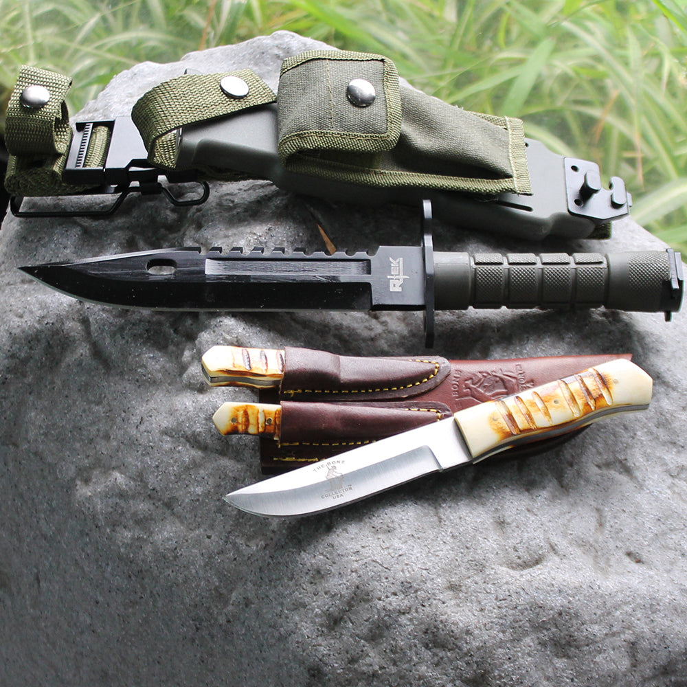 Rtek Juego de cuchillos de caza, con funda de plástico endurecido M-9, cuchillo de sierra estilo militar, cuchillos para desollar y funda de viaje para caza, aderezo de campo, desollamiento, camping y al aire libre