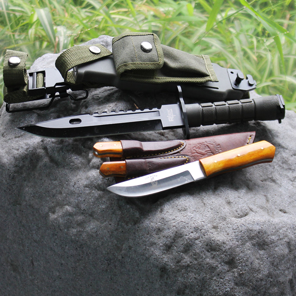 Rtek Juego de cuchillos de caza, con funda de plástico endurecido M-9, cuchillo de sierra estilo militar, cuchillos para desollar y funda de viaje para caza, aderezo de campo, desollamiento, camping y al aire libre